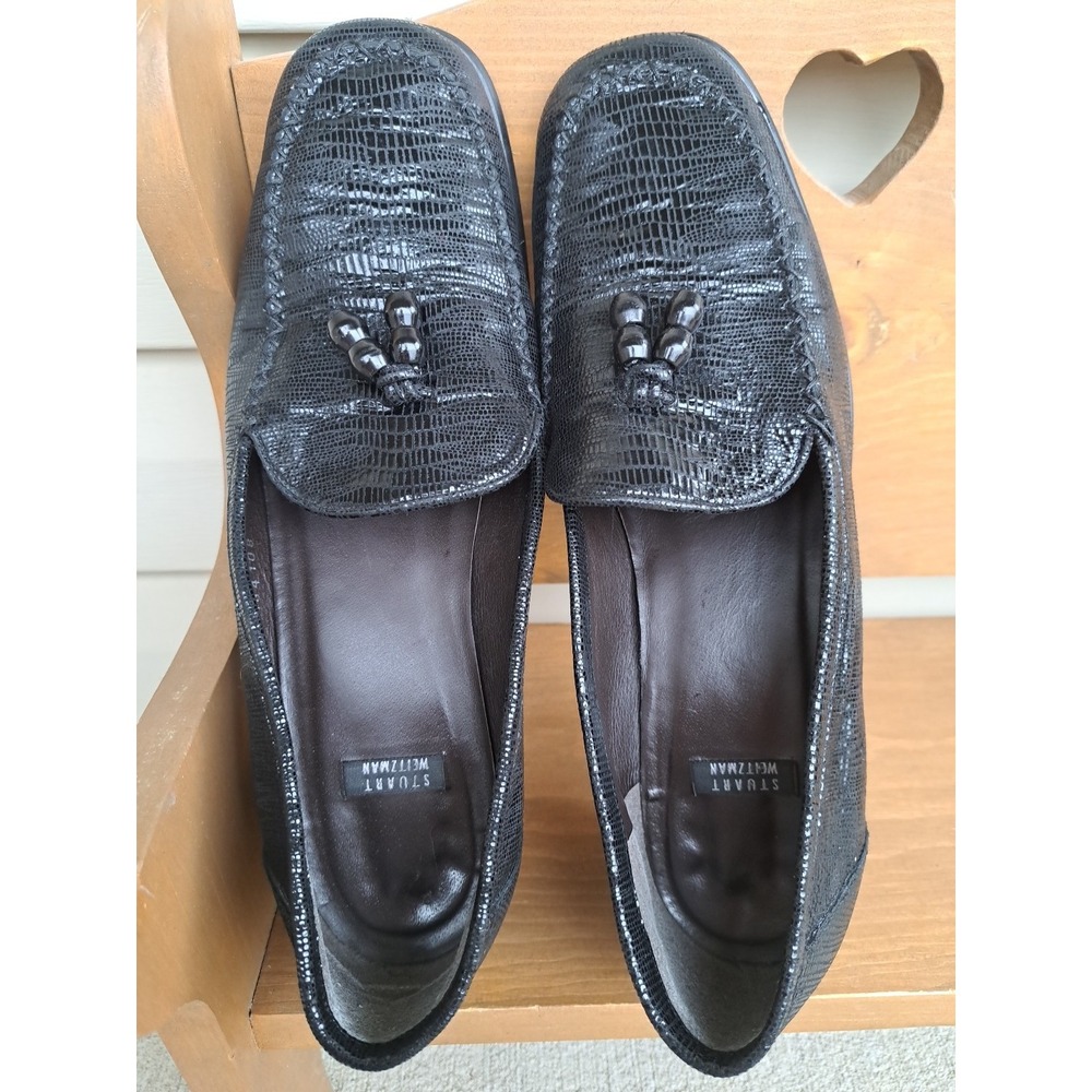 Stewart Weitzman Women's Black Shiny Leather Slip-On Loafers Shoes 10.5 B